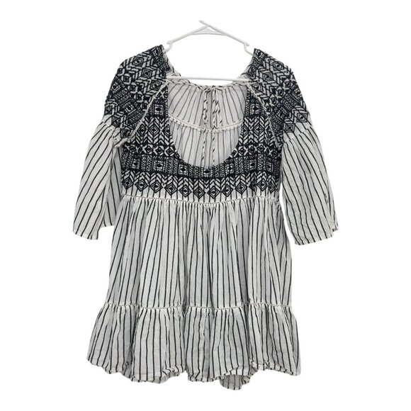 Free People XS Black/White Embroidered Boho Stripe Mini Dress Tassel Tie Back - Picture 11 of 12